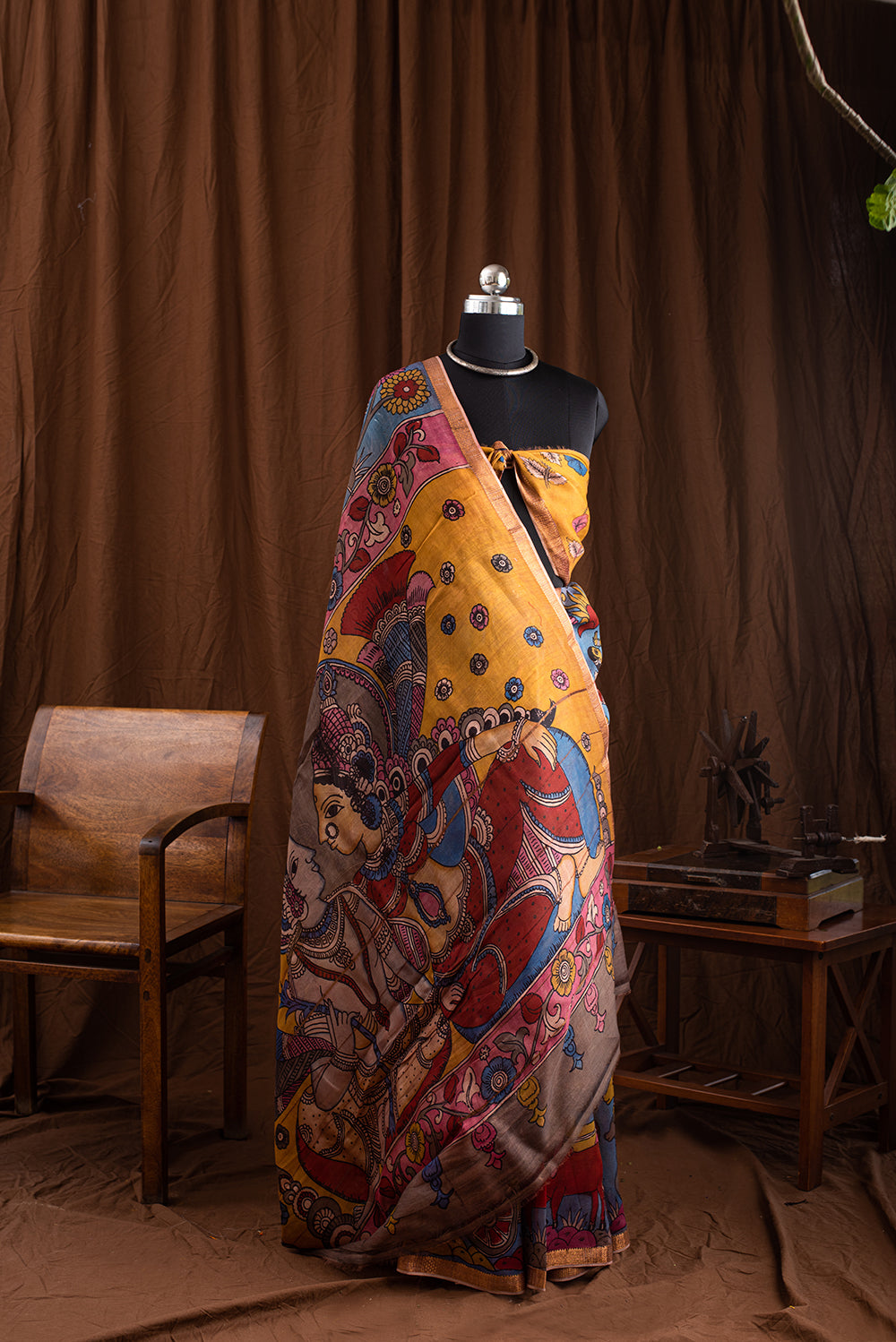 Yellow Brown Tussar Silk Eco Print and Hand Paint