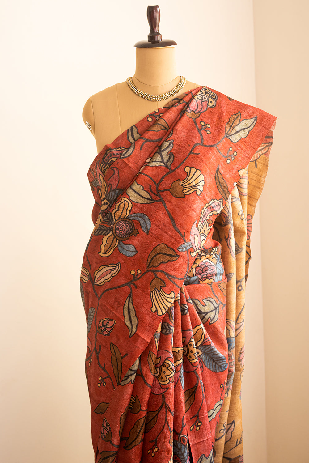Brown & Red Tussar Silk Hand Painted