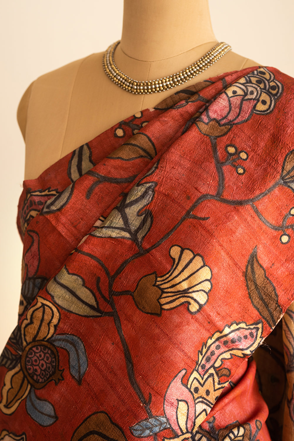 Brown & Red Tussar Silk Hand Painted