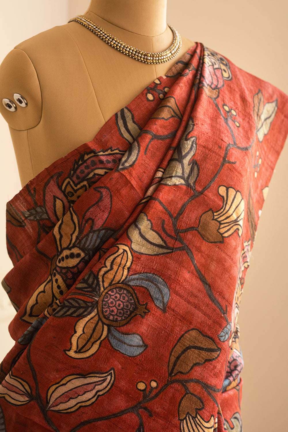 Brown & Red Tussar Silk Hand Painted