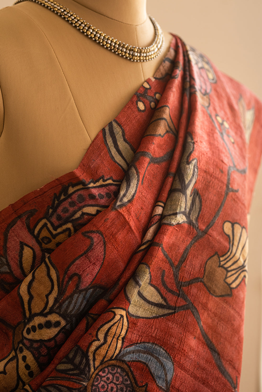 Brown & Red Tussar Silk Hand Painted