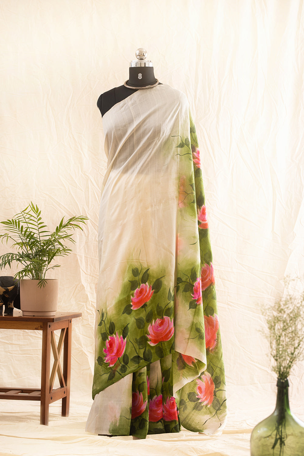 Off White Murshidabad Silk Hand Painted