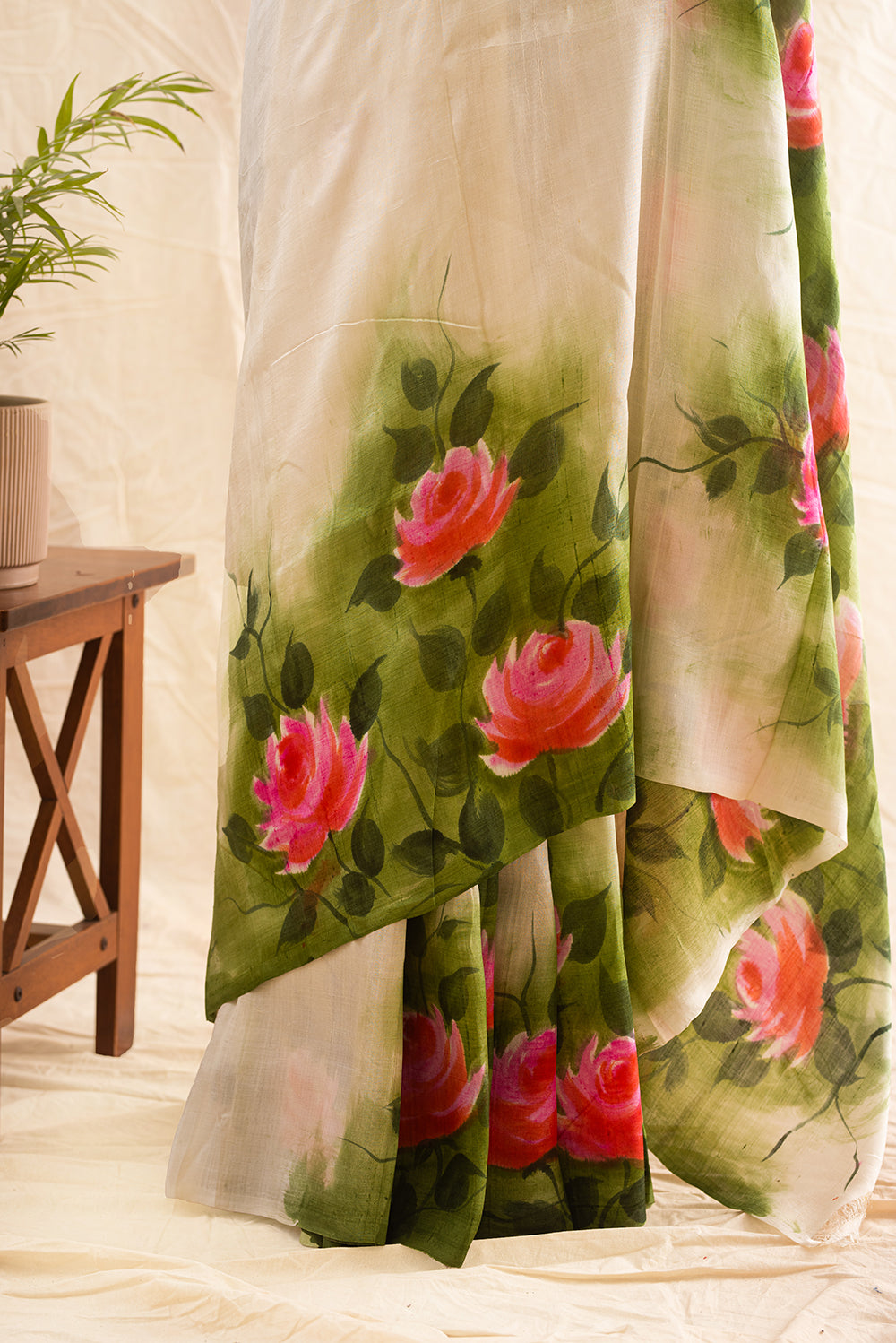 Off White Murshidabad Silk Hand Painted