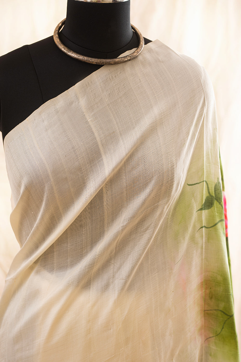 Off White Murshidabad Silk Hand Painted
