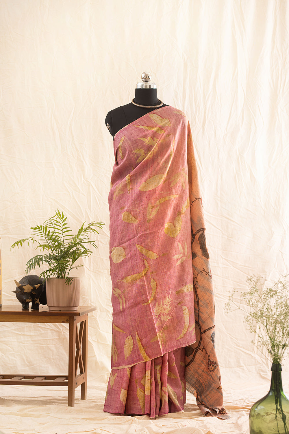 Light Pink Tussar Silk Eco Print and Hand Paint