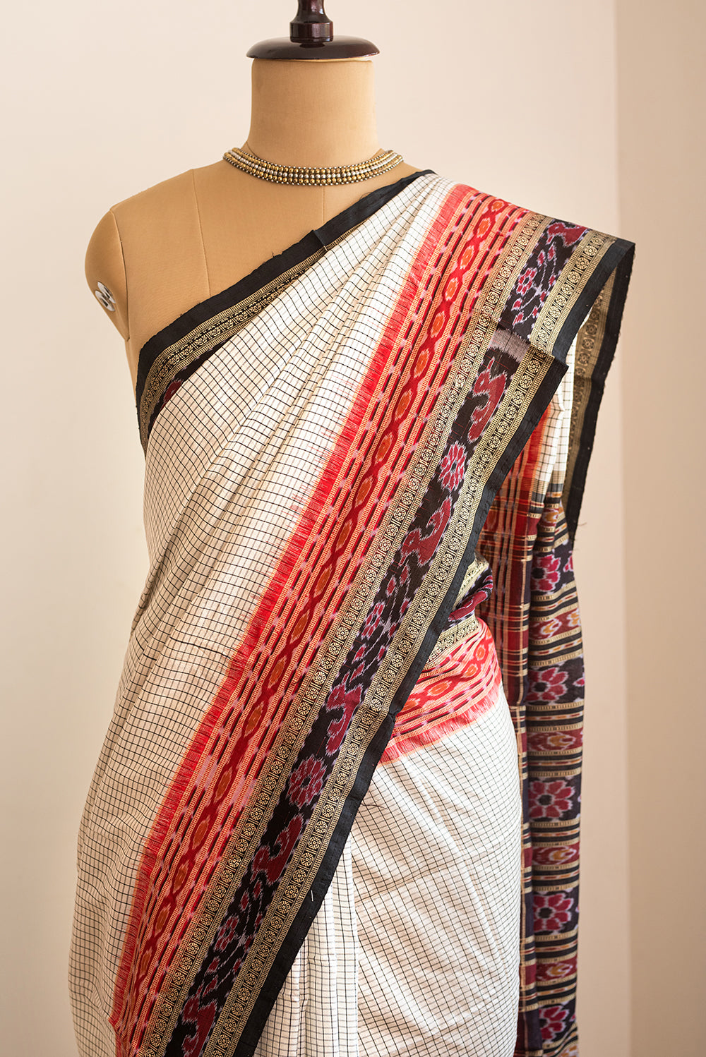 White, Black & Red Odisha Silk