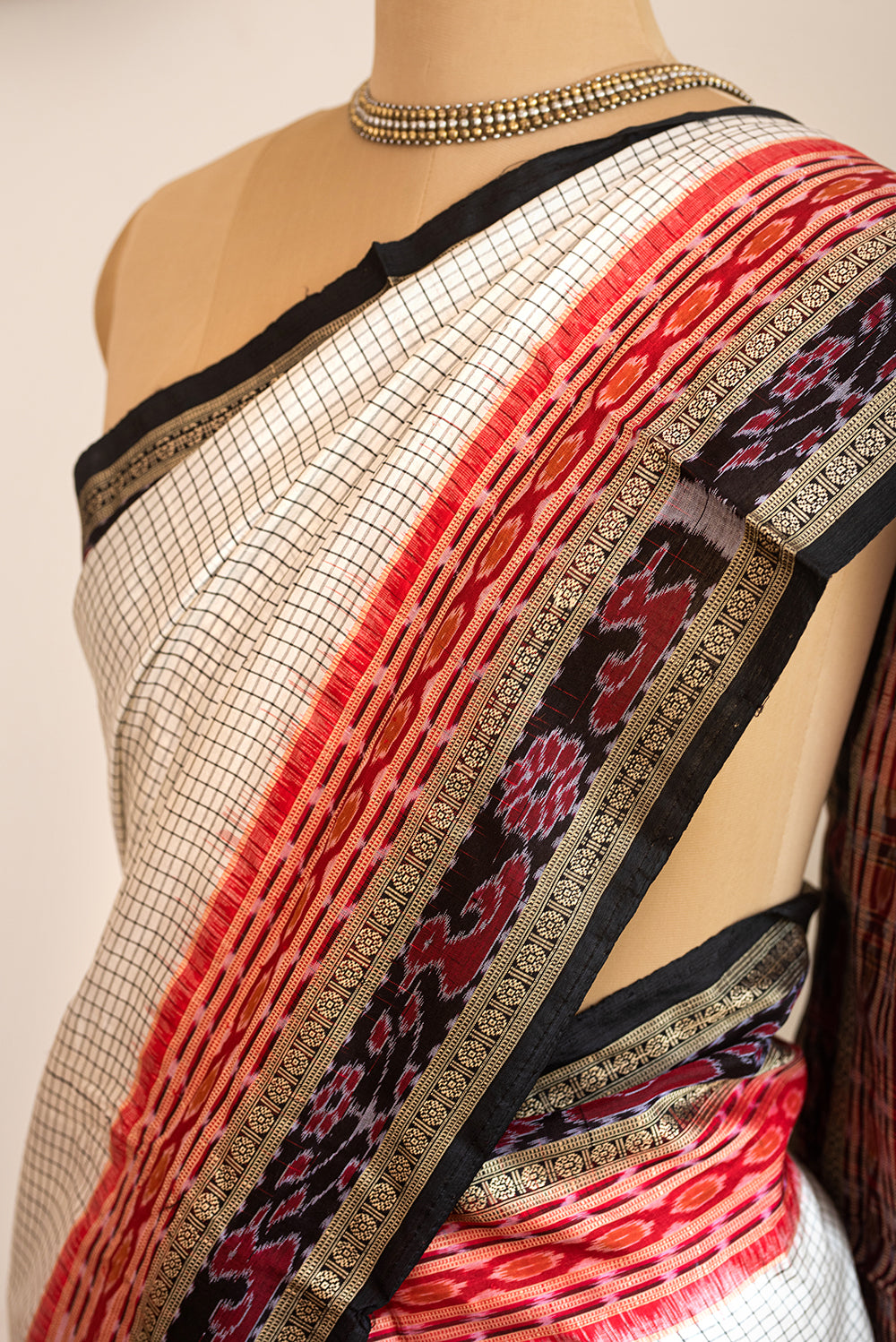 White, Black & Red Odisha Silk