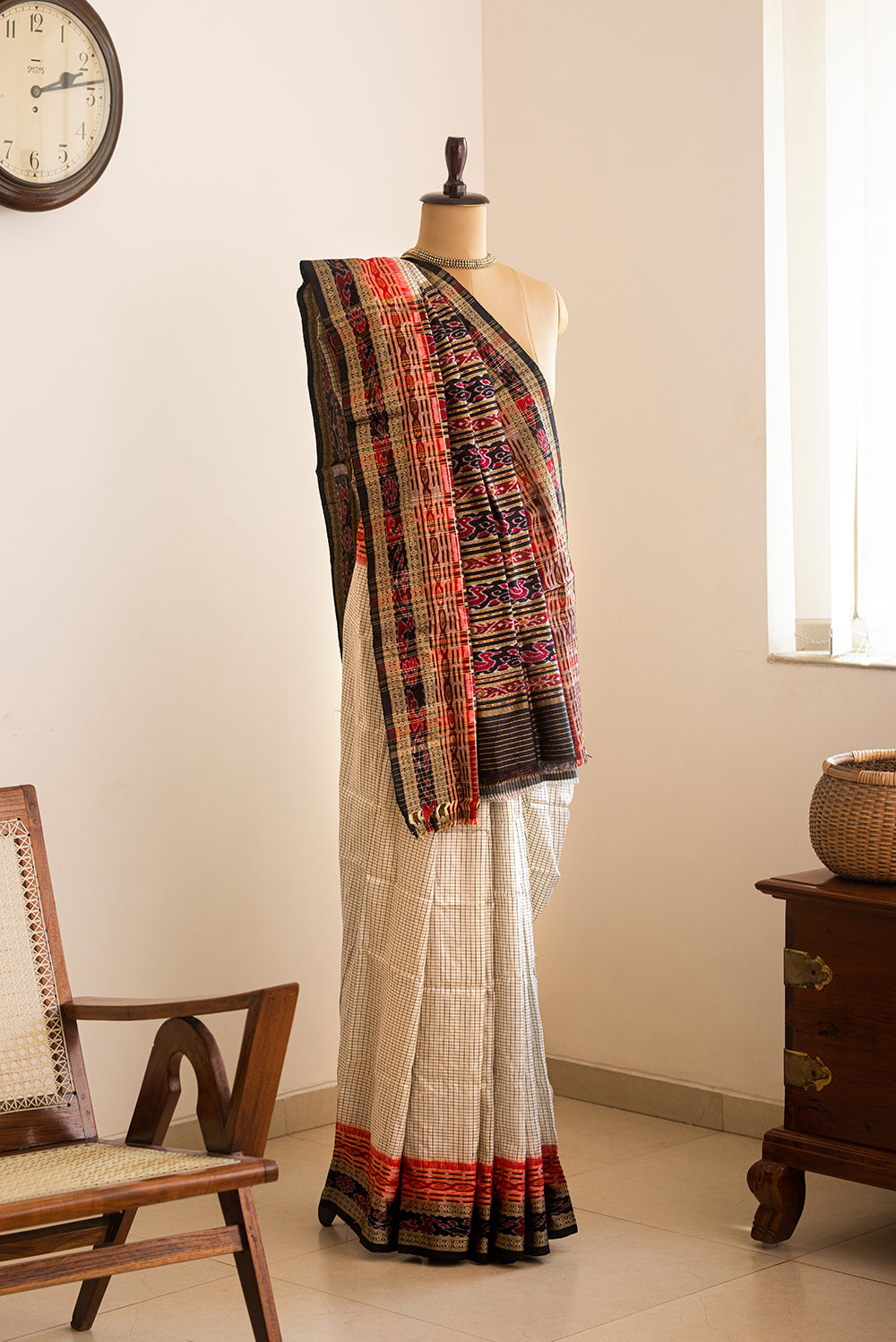 White, Black & Red Odisha Silk