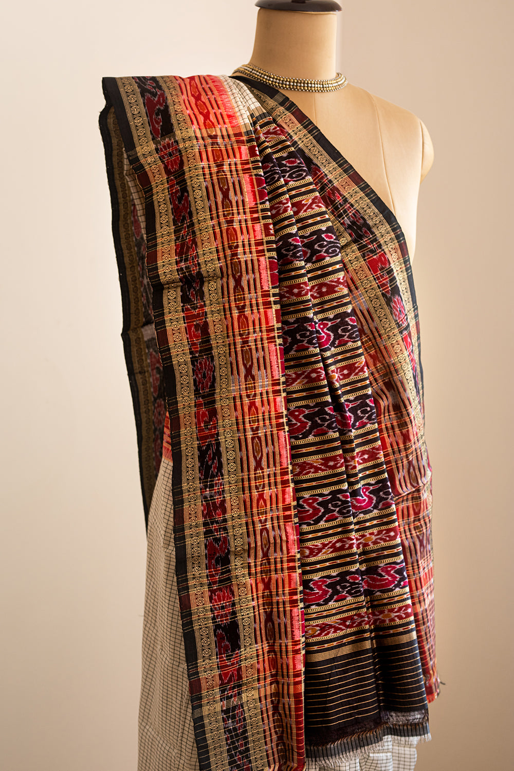 White, Black & Red Odisha Silk