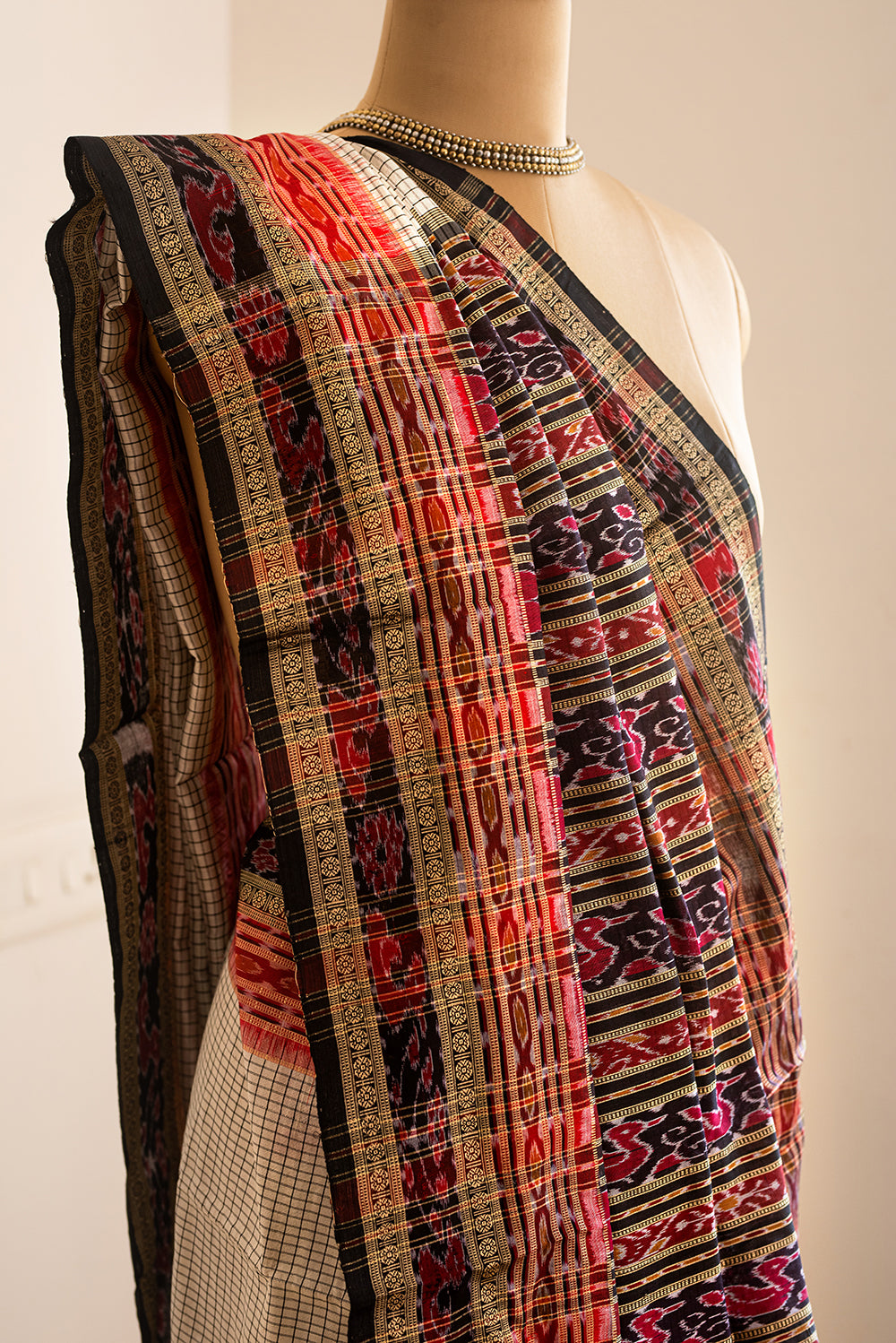 White, Black & Red Odisha Silk