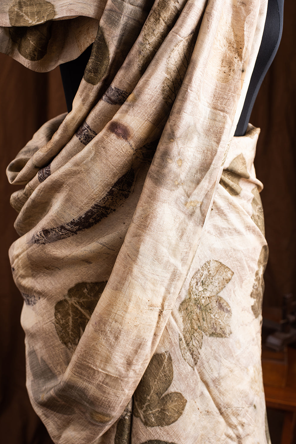 Brown Chanderi Silk Eco Print and Hand Paint