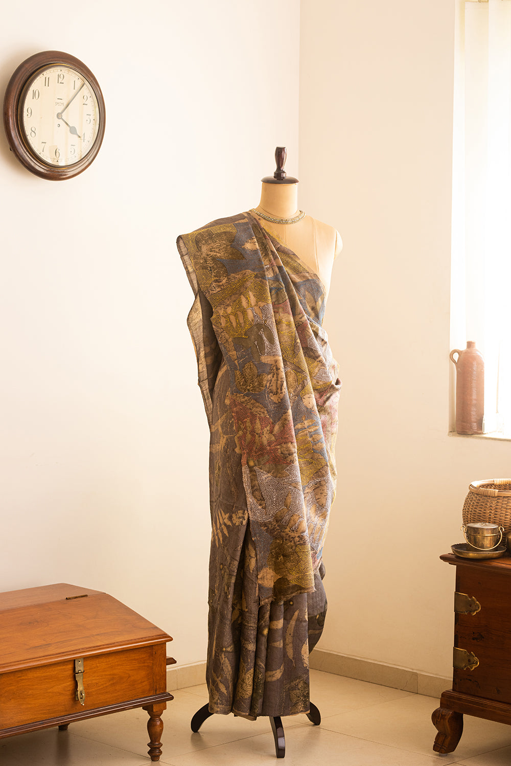 Brown Chanderi Silk Eco Print and Hand Paint