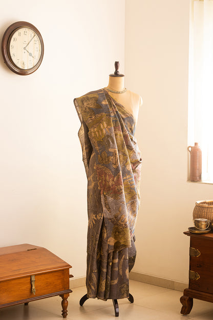 Brown Chanderi Silk Eco Print and Hand Paint