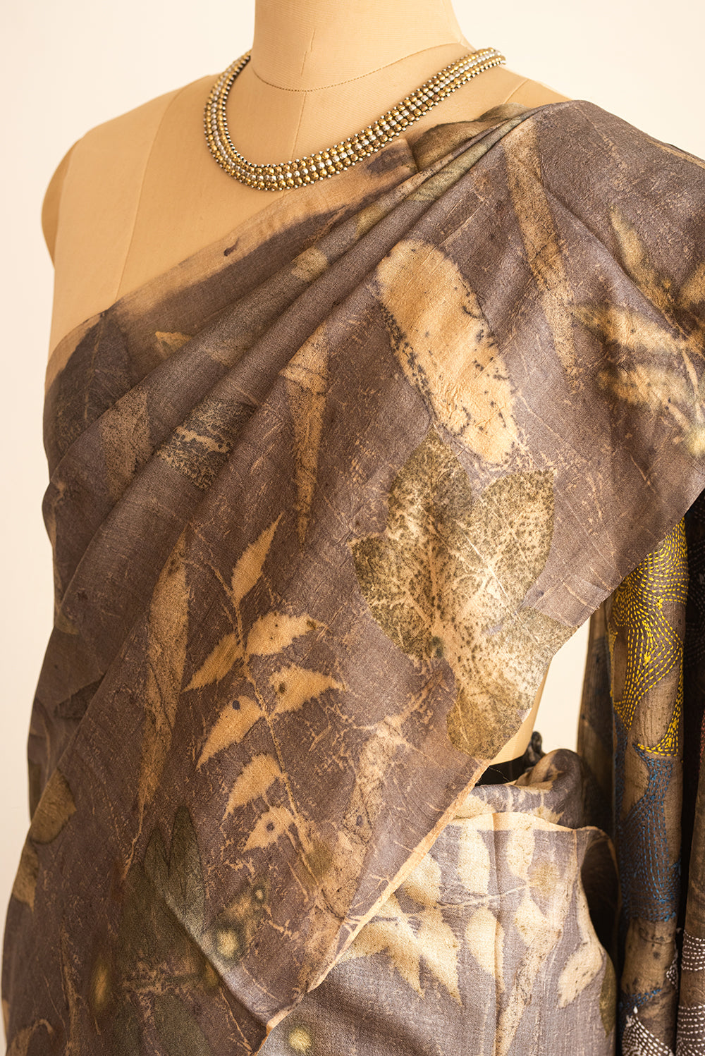 Brown Chanderi Silk Eco Print and Hand Paint