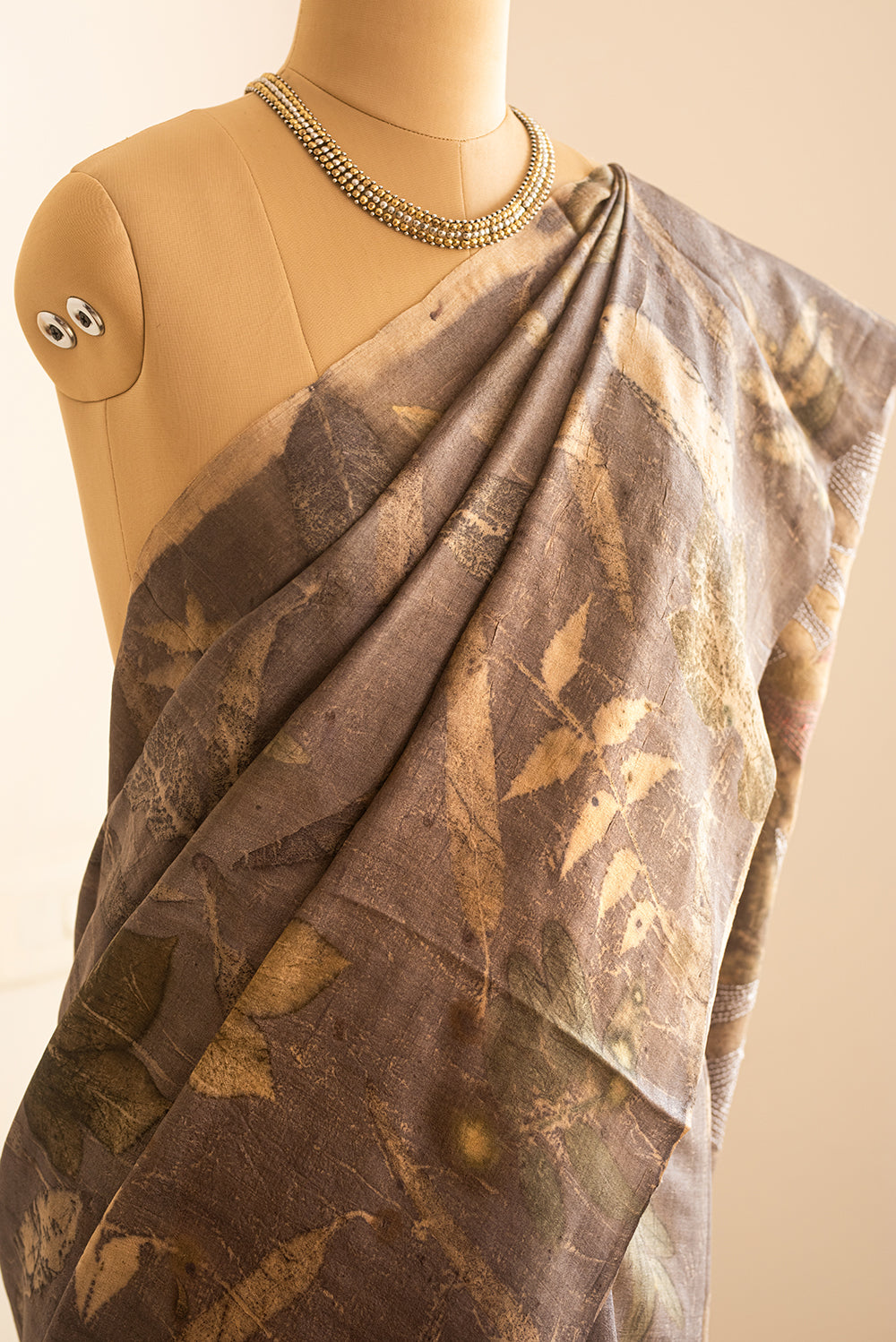 Brown Chanderi Silk Eco Print and Hand Paint