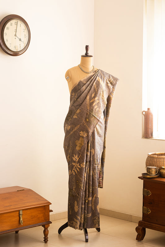 Brown Tussar Silk  Eco Print and Hand Paint
