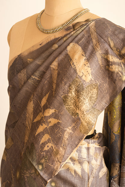 Brown Tussar Silk  Eco Print and Hand Paint