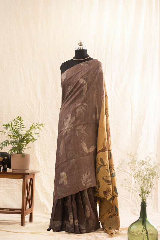 Brown Tussar Silk  Eco Print and Hand Paint
