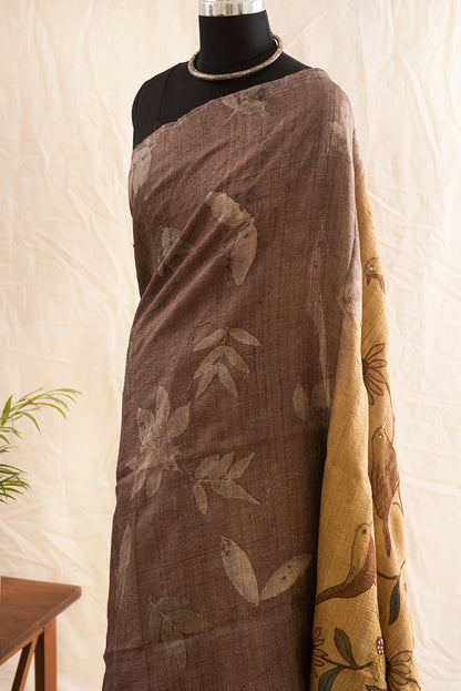 Brown & Beige Tussar Silk  Eco Print and Hand Paint