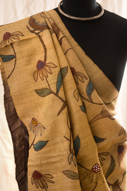 Brown & Beige Tussar Silk  Eco Print and Hand Paint