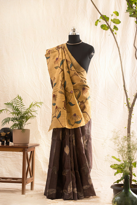 Brown & Beige Tussar Silk  Eco Print and Hand Paint