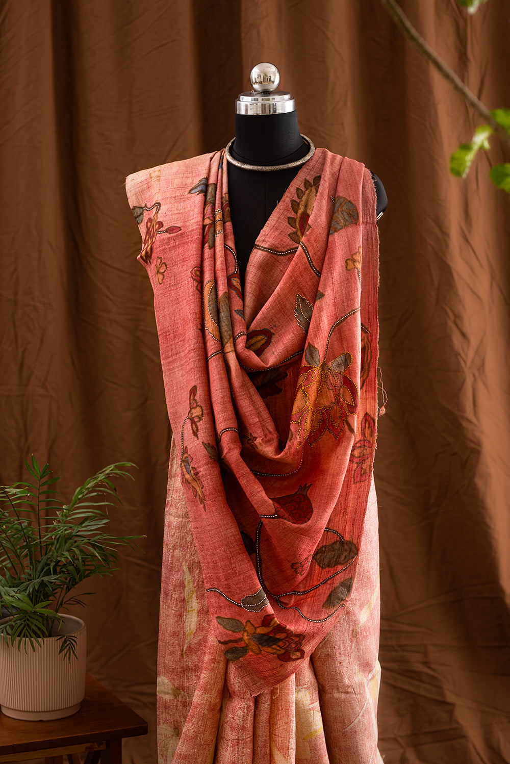 Light Mauve Tussar Silk  Eco Print and Hand Paint