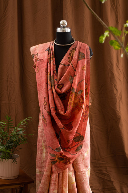 Light Mauve Tussar Silk  Eco Print and Hand Paint