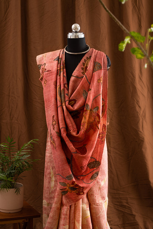 Light Mauve Tussar Silk  Eco Print and Hand Paint