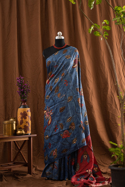 Blue Tussar Silk Hand Paint & Kantha