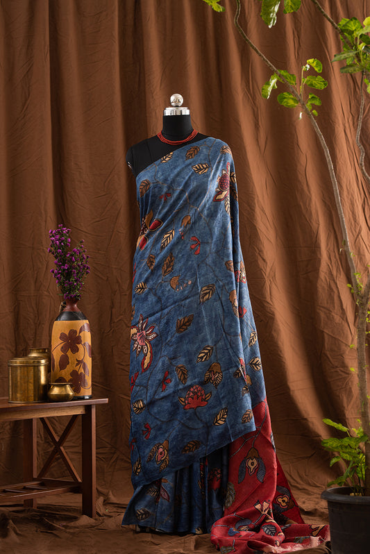 Blue Tussar Silk Hand Paint & Kantha