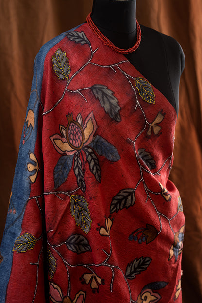 Blue Tussar Silk Hand Paint & Kantha