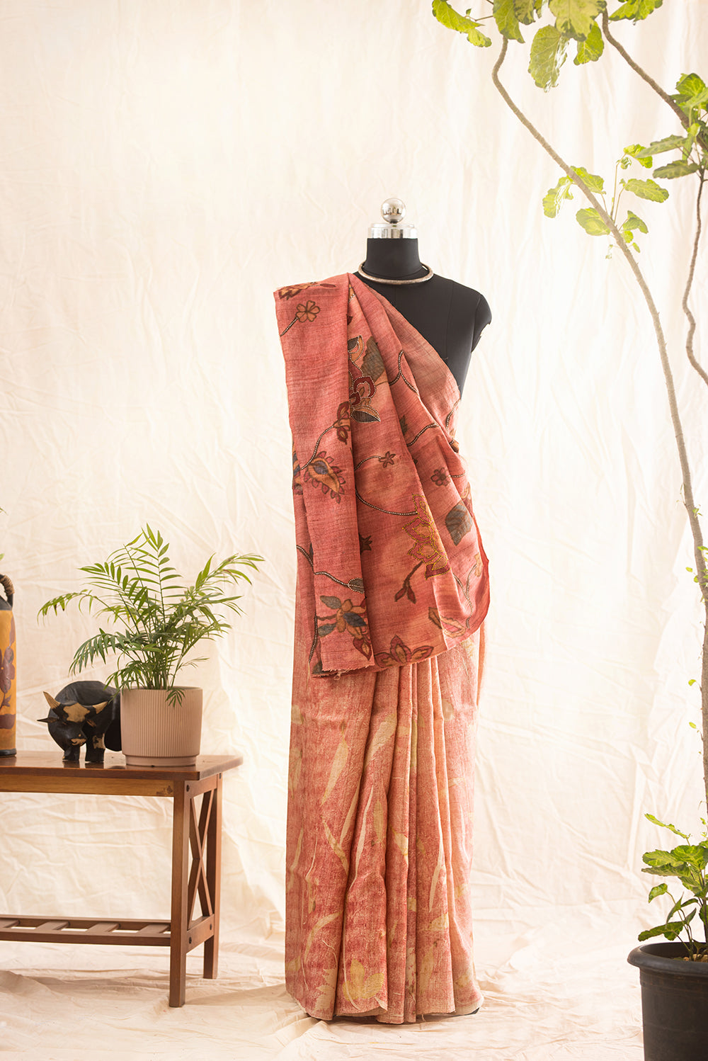Light Pink Tussar Silk  Eco Print and Hand Paint