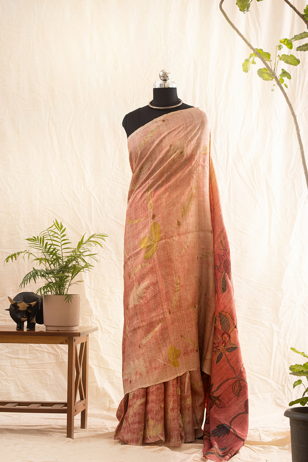 Light Pink Tussar Silk  Eco Print and Hand Paint