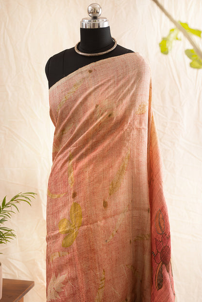 Light Pink Tussar Silk  Eco Print and Hand Paint
