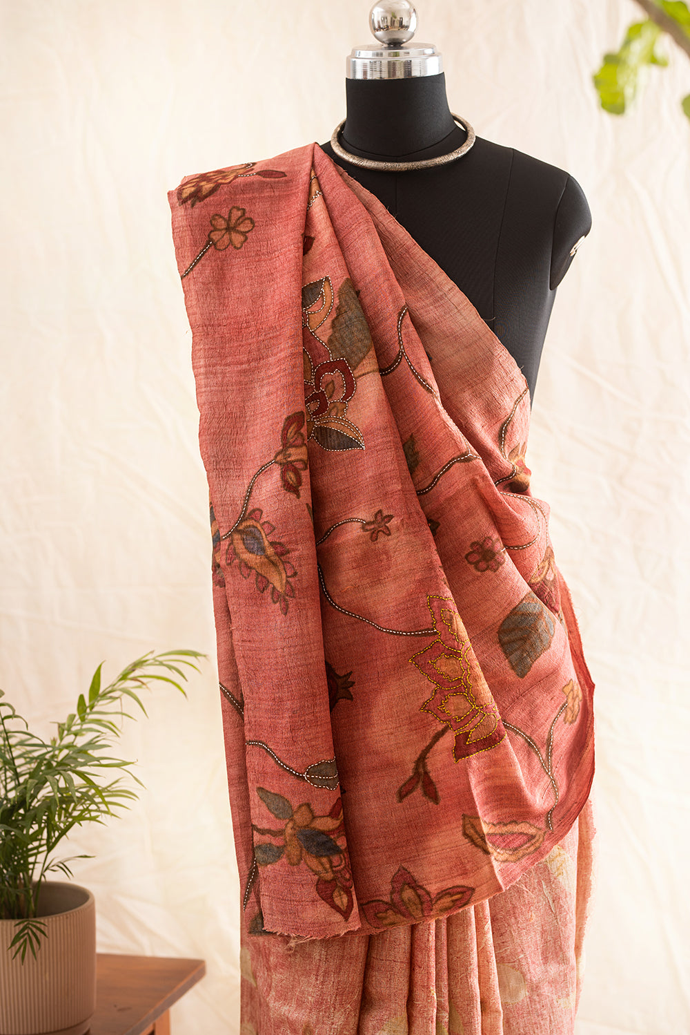 Light Pink Tussar Silk  Eco Print and Hand Paint