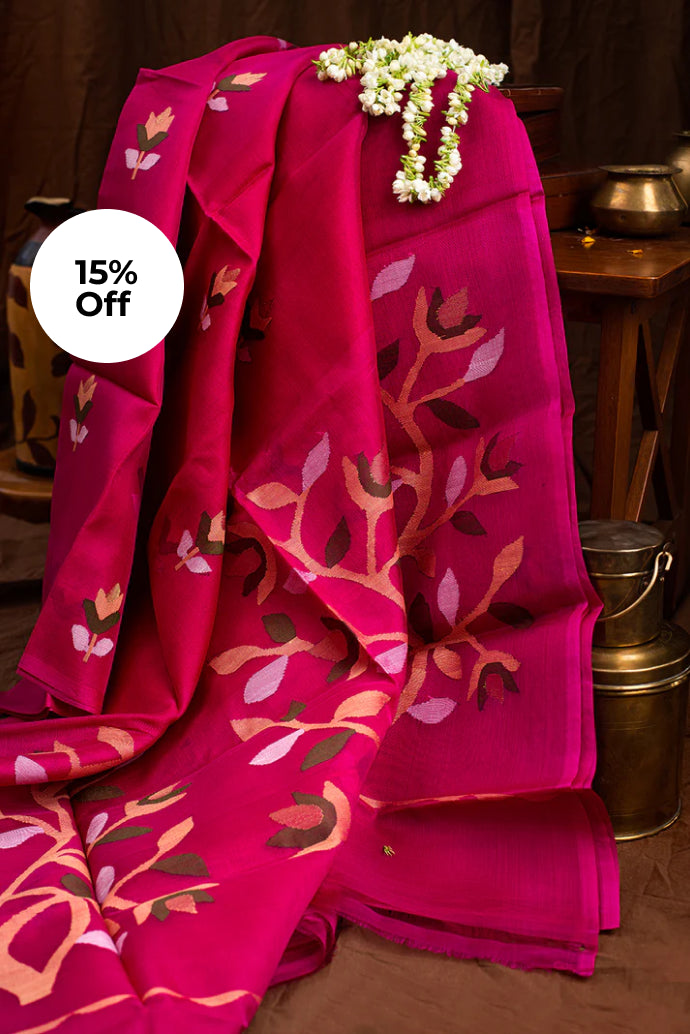 Bright Pink Muslin Silk Jamdani
