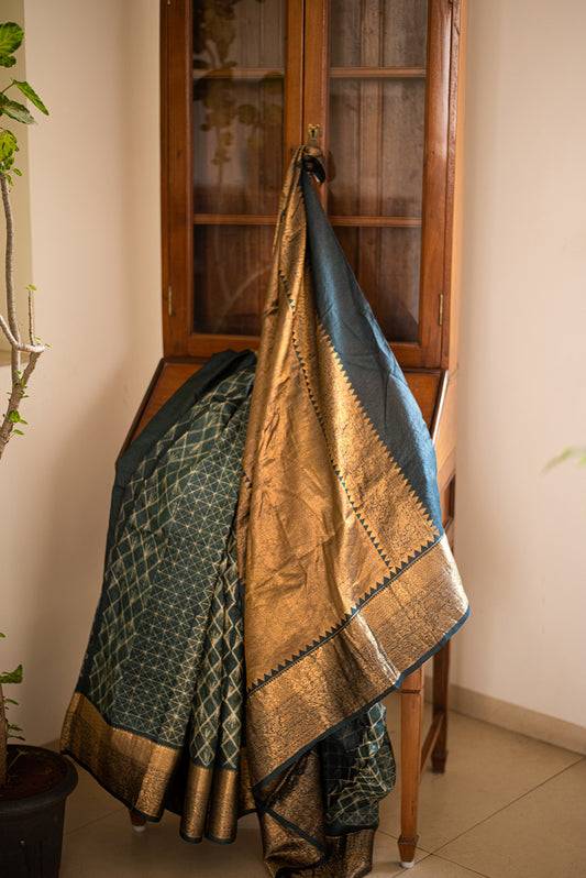 Green & Gold Tussar Silk Shibori
