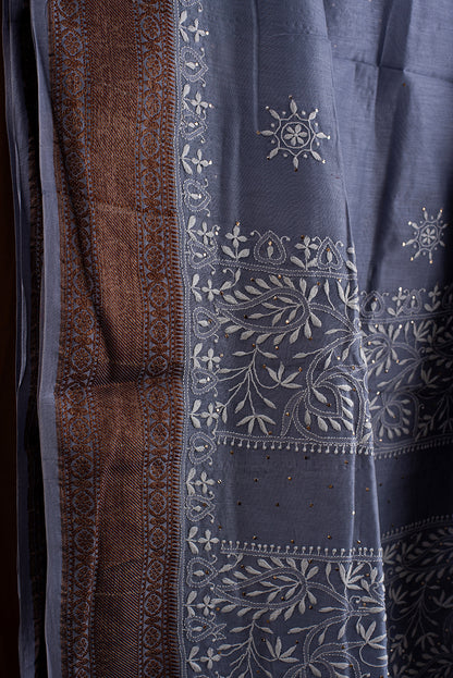 Steel Grey Chanderi Silk Chikankari