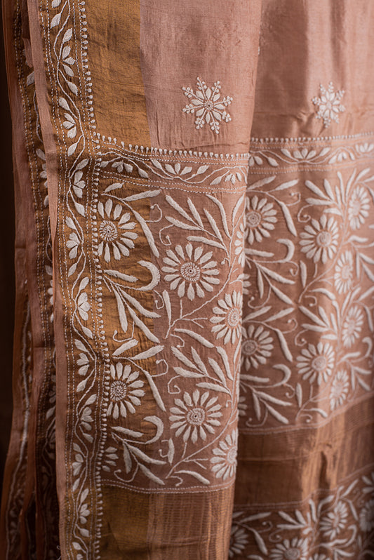 Brown Tussar Silk Chikankari