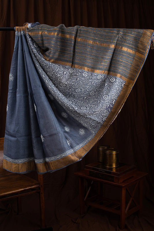 Steel Grey Tussar Silk Chikankari