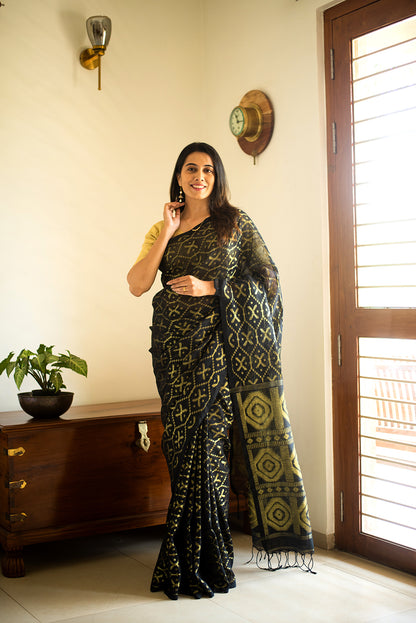 Black & Gold Bengal Linen Jamdani