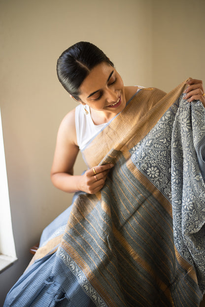 Steel Grey Tussar Silk Chikankari