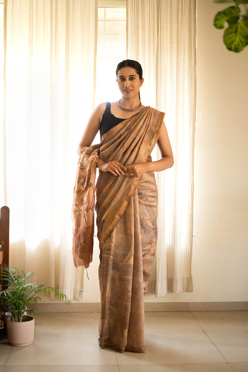Beige Mulberry Silk Eco Print