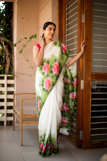 Off White Murshidabad Silk Hand Painted