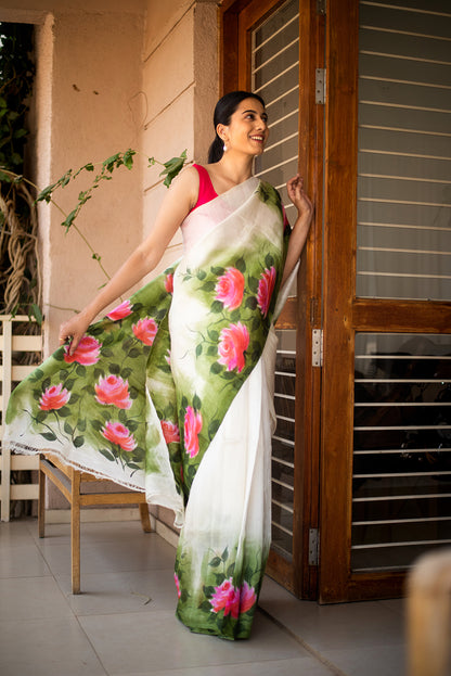 Off White Murshidabad Silk Hand Painted