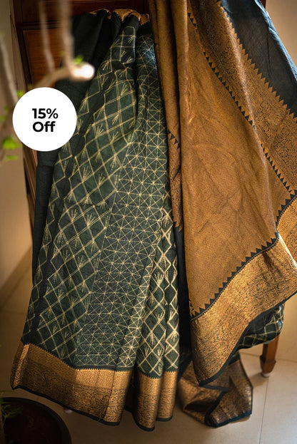 Green & Gold Tussar Silk Shibori