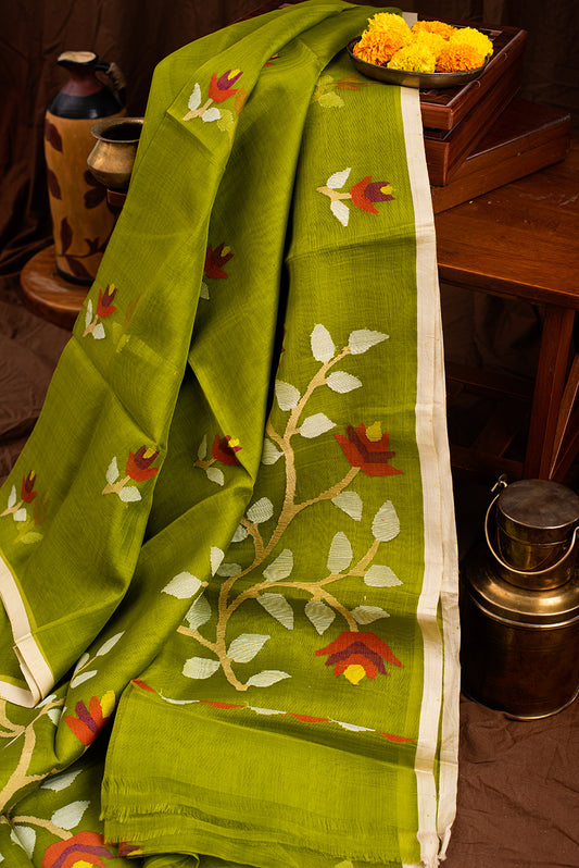 Leaf Green Muslin Silk Jamdani