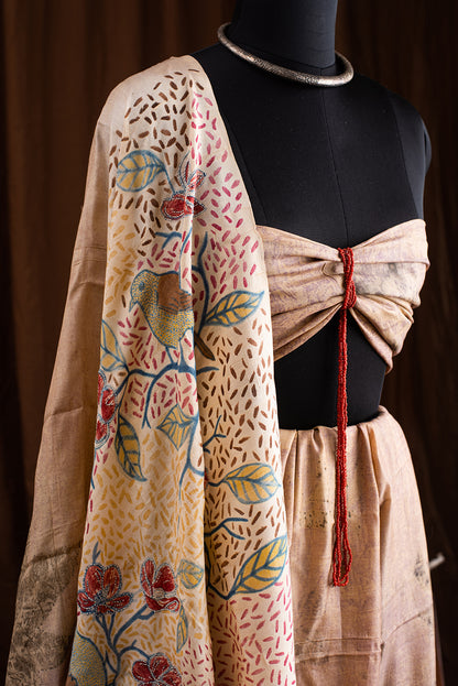 Green & Beige Tussar Silk  Eco Print and Hand Paint