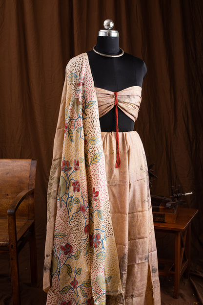 Green & Beige Tussar Silk  Eco Print and Hand Paint