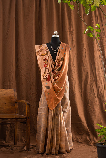 Grey & Brown Tussar Silk  Eco Print and Hand Paint